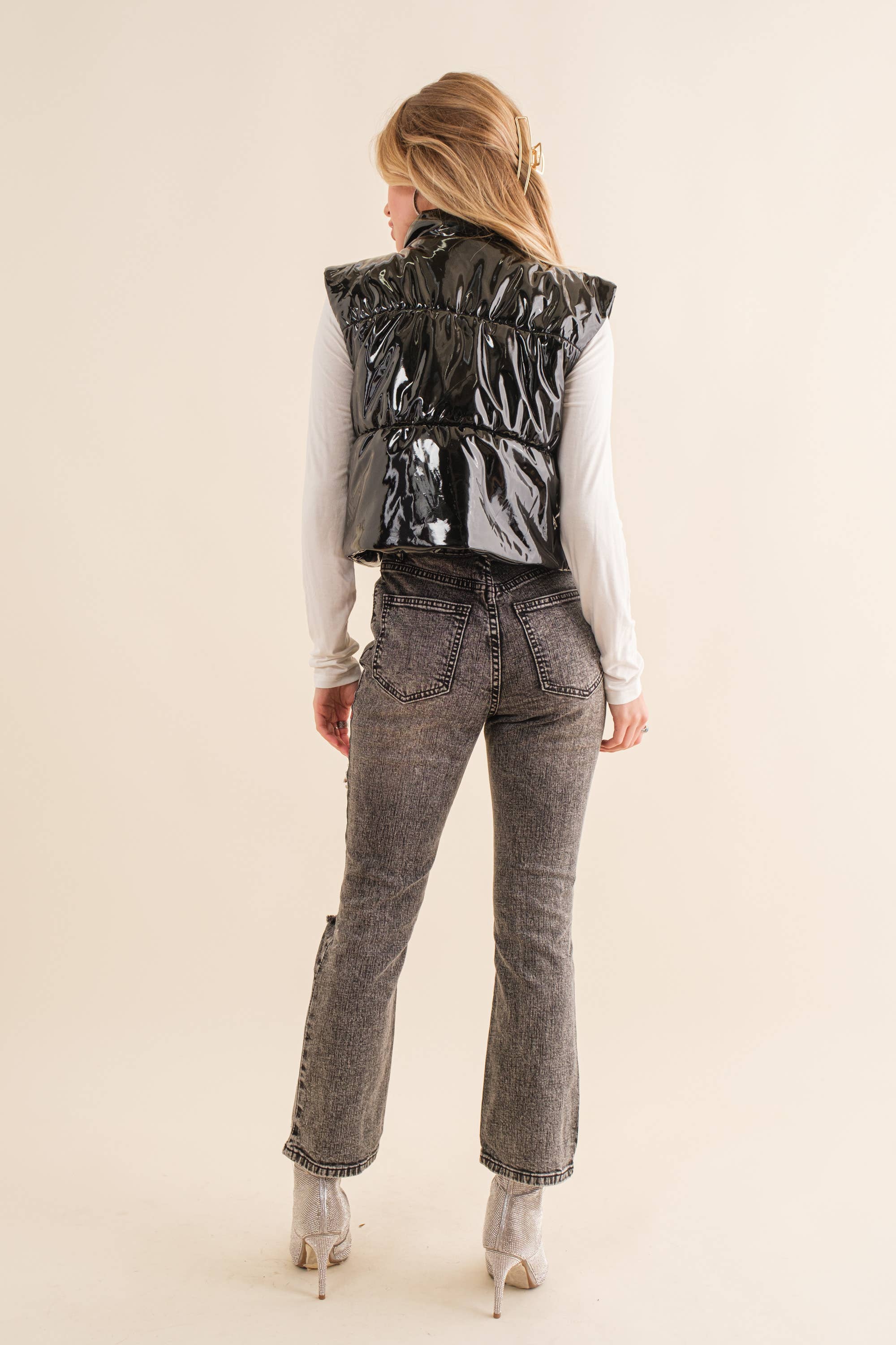 Blue B - Wholesale Outerwear Vest - Women's - 22656J - Gloss Shiny PU Quilted Puffer Zip Up Crop Vest24