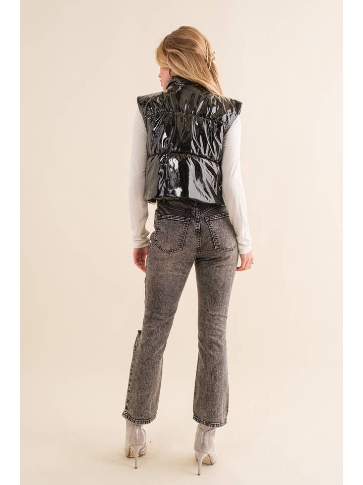 Blue B - Wholesale Outerwear Vest - Women's - 22656J - Gloss Shiny PU Quilted Puffer Zip Up Crop Vest24