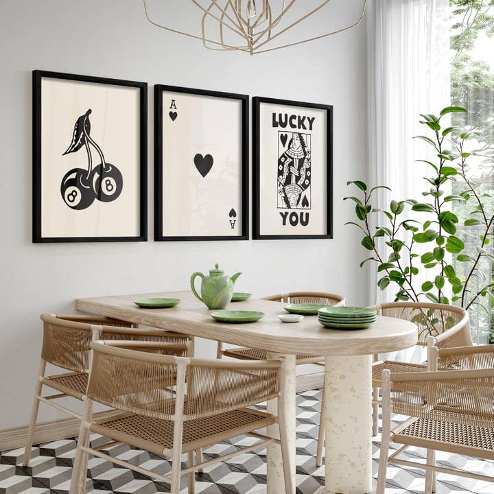 Black Framed Set of 3 Poker Wall Art Lucky You Poster, Trendy Retro Print Wall Decor for Queen of Hearts Wall Art Rustic Vintage Farmhouse Home Wall Decor(Black 12"X16") for wholesale on Faire
