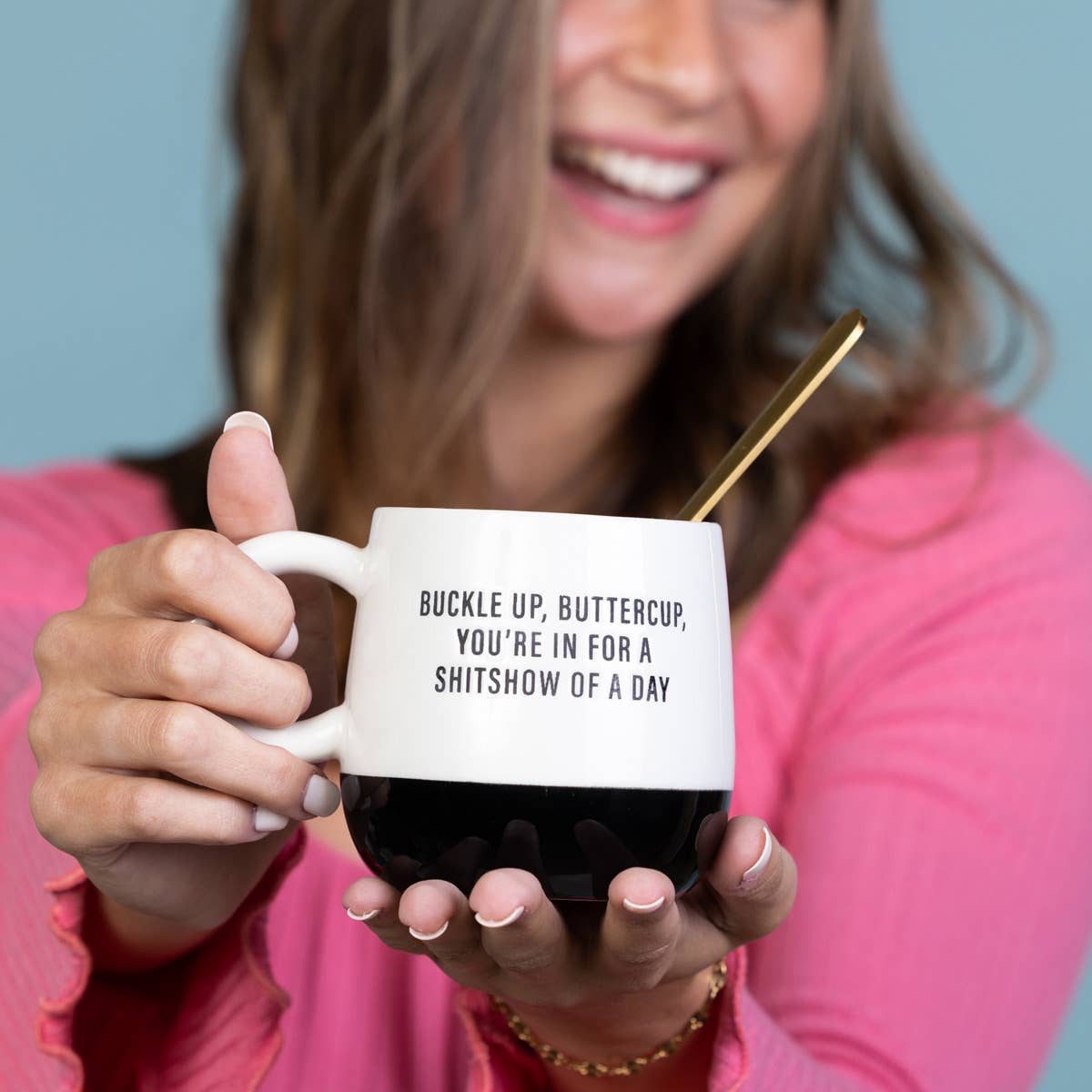 Black White Buckle Up Buttercup Ceramic Coffee Mug 13 oz for wholesale on Faire1