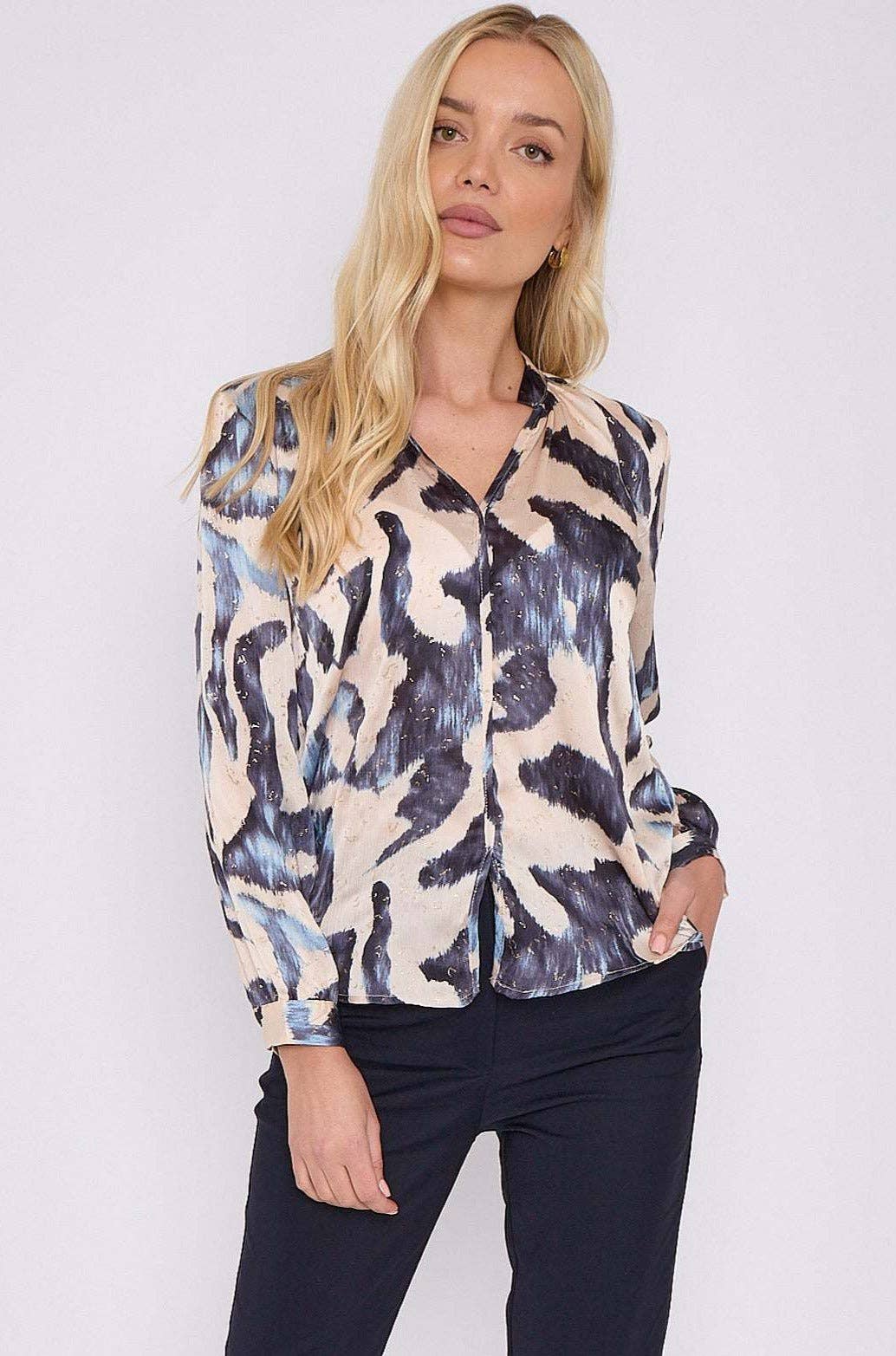 Navy Abstract Print Gold Dotted Blouse for wholesale on Faire0