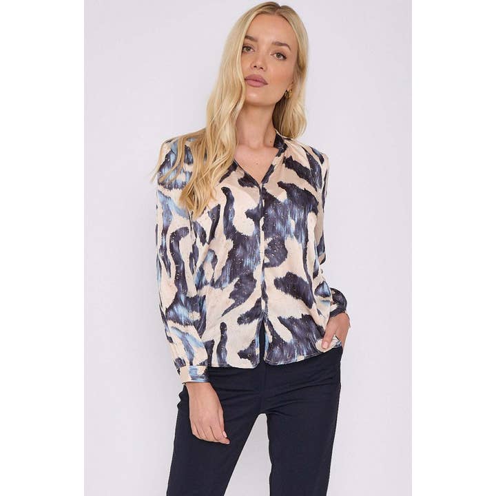Navy Abstract Print Gold Dotted Blouse and other Purchase wholesale patterned shirts. Free returns & net 60 terms on Faire trending on Faire.