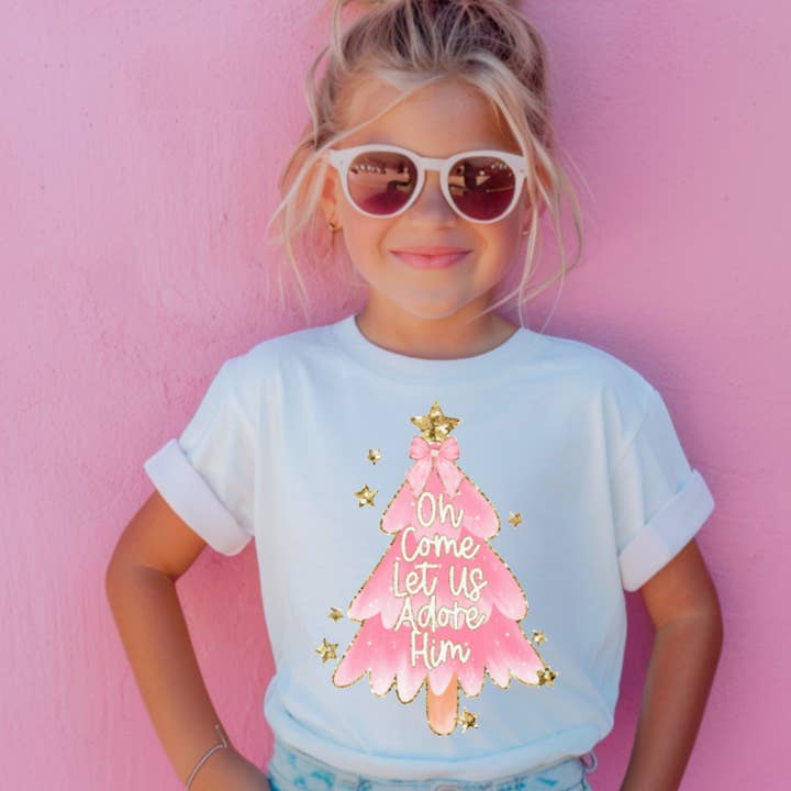 YOUTH Preppy Oh Come Let Us Adore Him Pink Tree Tee for wholesale by Gia Gifts Boutique