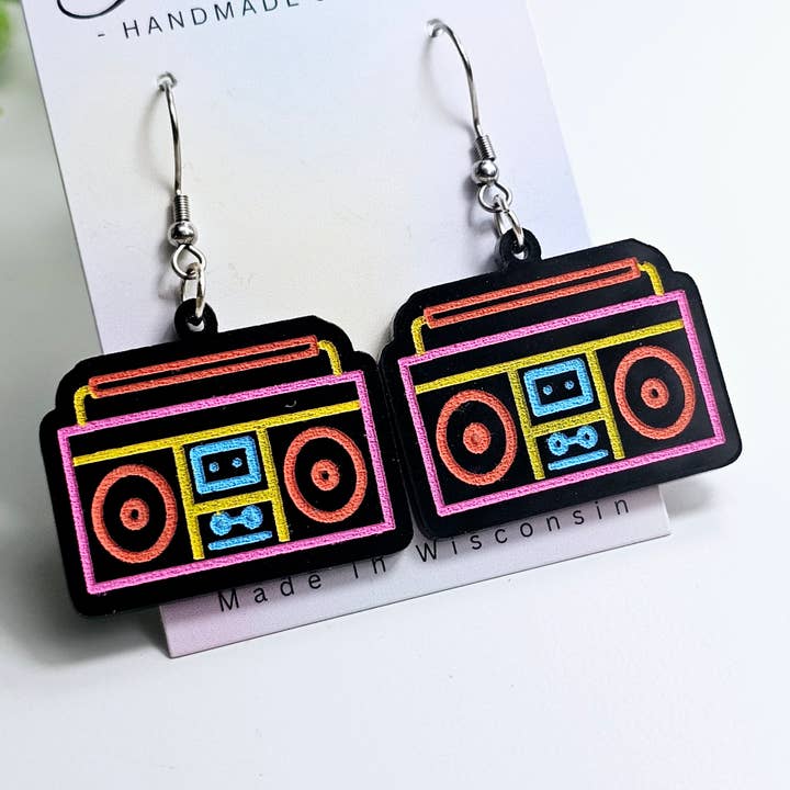 Jedi Woods LLC – wholesale Dangle earrings – Retro 'Neon' Boom Box Earrings