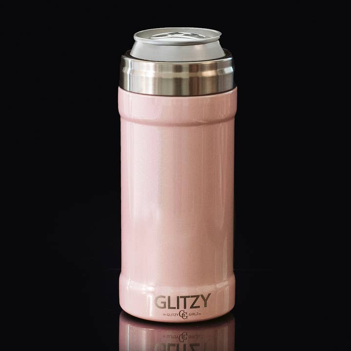 12 Oz. Glitzy Skinny Can Cooler Blush Glitter for wholesale by Glitzy Coolers