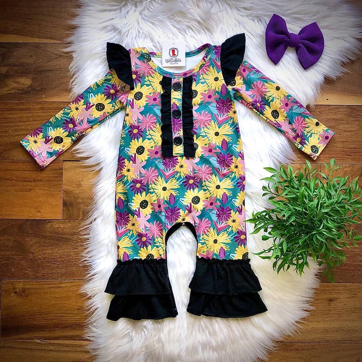 Sunflowers & Daisies Infant Romper: a Wellie Kate Original for wholesale by Wellington Design Co.