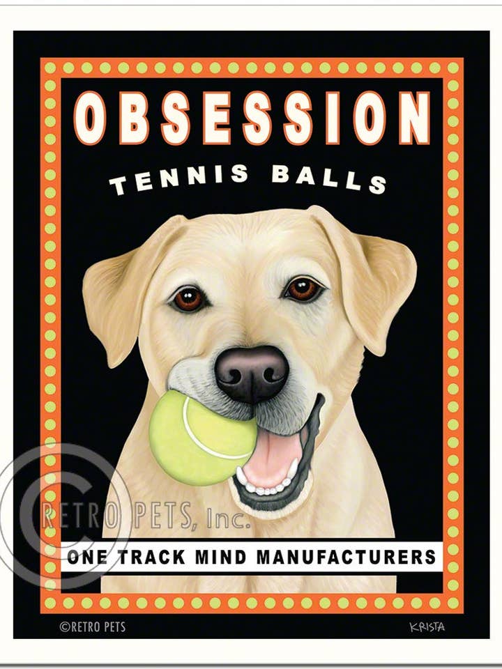 HP-107 8x10 Print, Labrador „Obsession Tennis“ Gul Lab for engroshandel hos Retro Pets