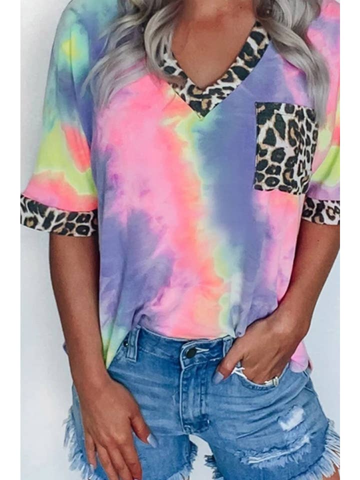 Suzie Q USA – wholesale T-shirt – women's – Tie-Dye With Leopard Short-Sleeved T-Shirt3