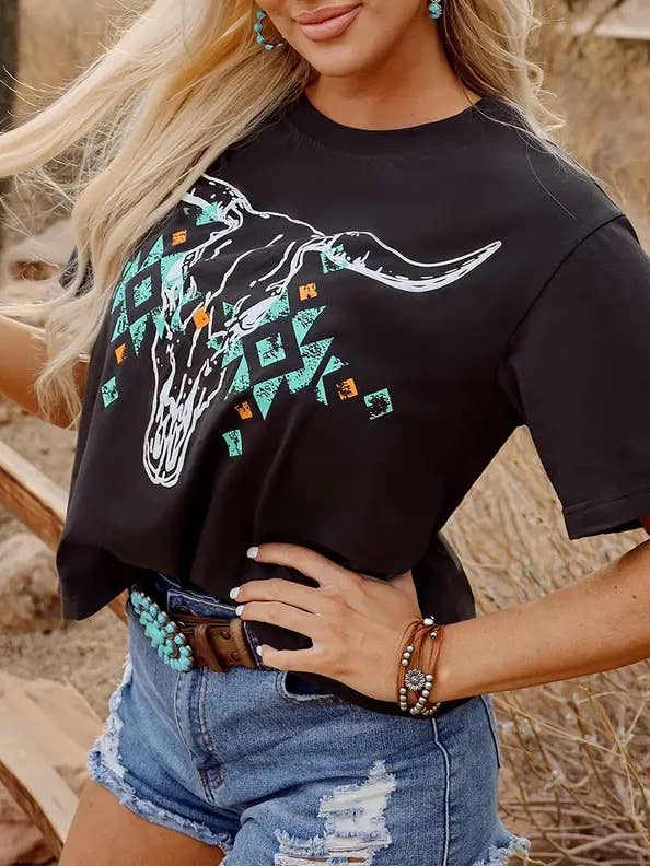 Carbon Grey Vintage Western Bull Head Skull Turquoise Aztec Graphic T Shirt for wholesale on Faire