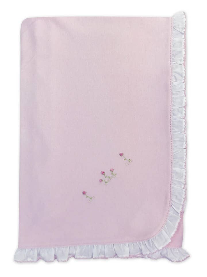 Manta para bebé Rose Cluster de algodón pima rosa con volantes blancos para venta al por mayor de Baby Threads