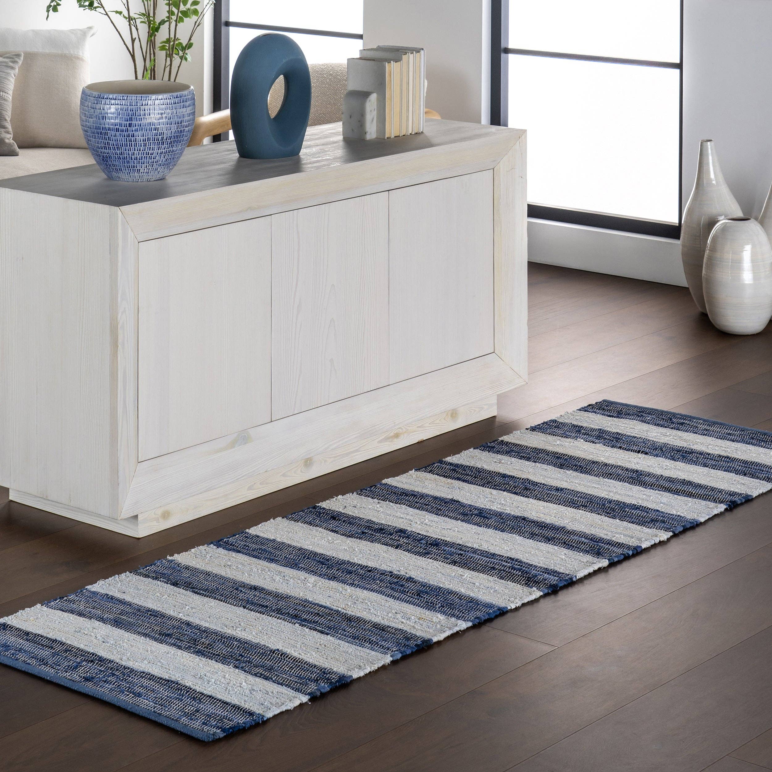 Blue Home Conservatory Striped Rag Handwoven Cotton Area Rug for wholesale on Faire10