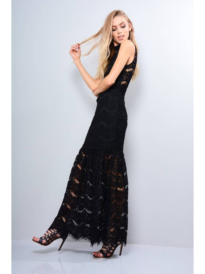 LoveMyStyle - Wholesale Dress - Women's - Lovemystyle Crochet Maxi Dress With Choker Collar In Black2