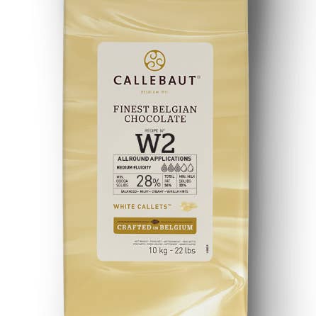 Barry Callebaut W2NV-595 White Chocolate Callets 44lb case for wholesale by Royal Wholesale