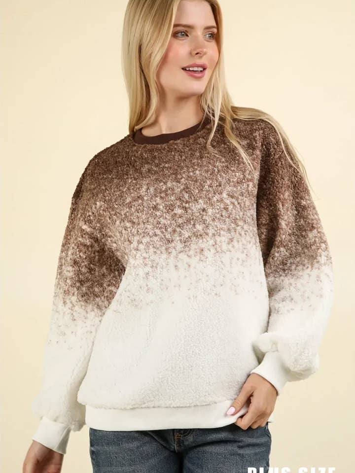 Plus Size Ombre Fuzzy Pullover Soft Plush Crew Neck Sweatshirt for wholesale by Tasha Apparel Wholesale