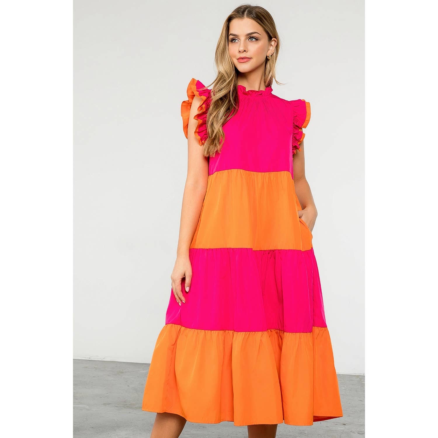 MAGENTA Färgblockerad Midiklänning i Poplin för wholesale på Faire8