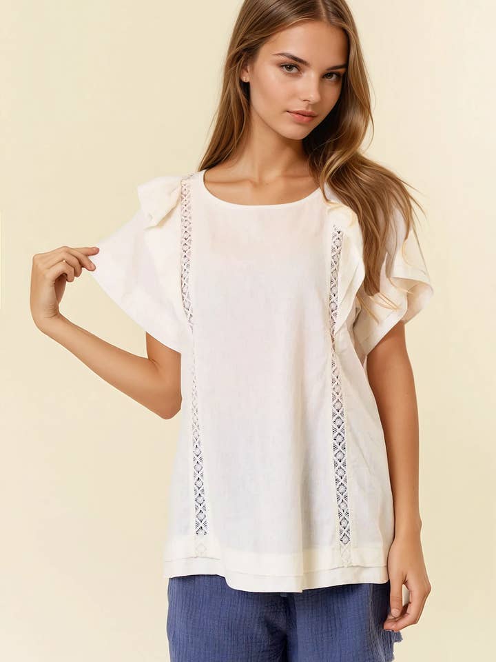 Haut en lin à volants et détails à bords coupés - 42083T pour la vente par Doe and Rae