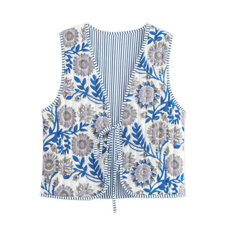 Miss Sparkling - Wholesale Outerwear Vest - Women's - Reversible Printed & Striped Cotton Puffer Vest