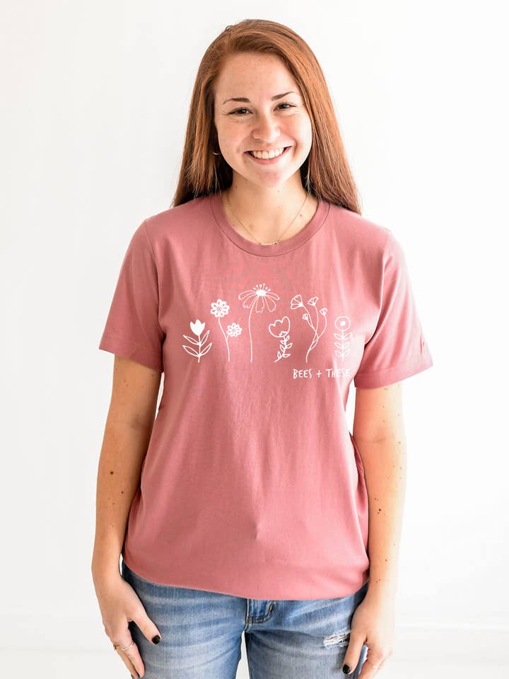 Flower T-Shirt – Bees + These Wildflowers (Adult) for wholesale by Nature Supply Co