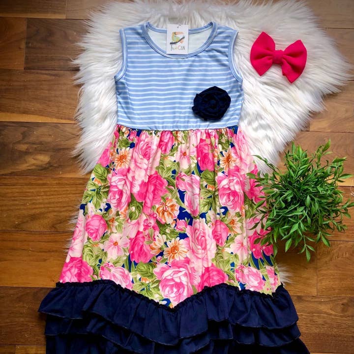 Navy Stripes & Floral Triple Ruffle Dress by TwoCan for wholesale by Wellington Design Co.