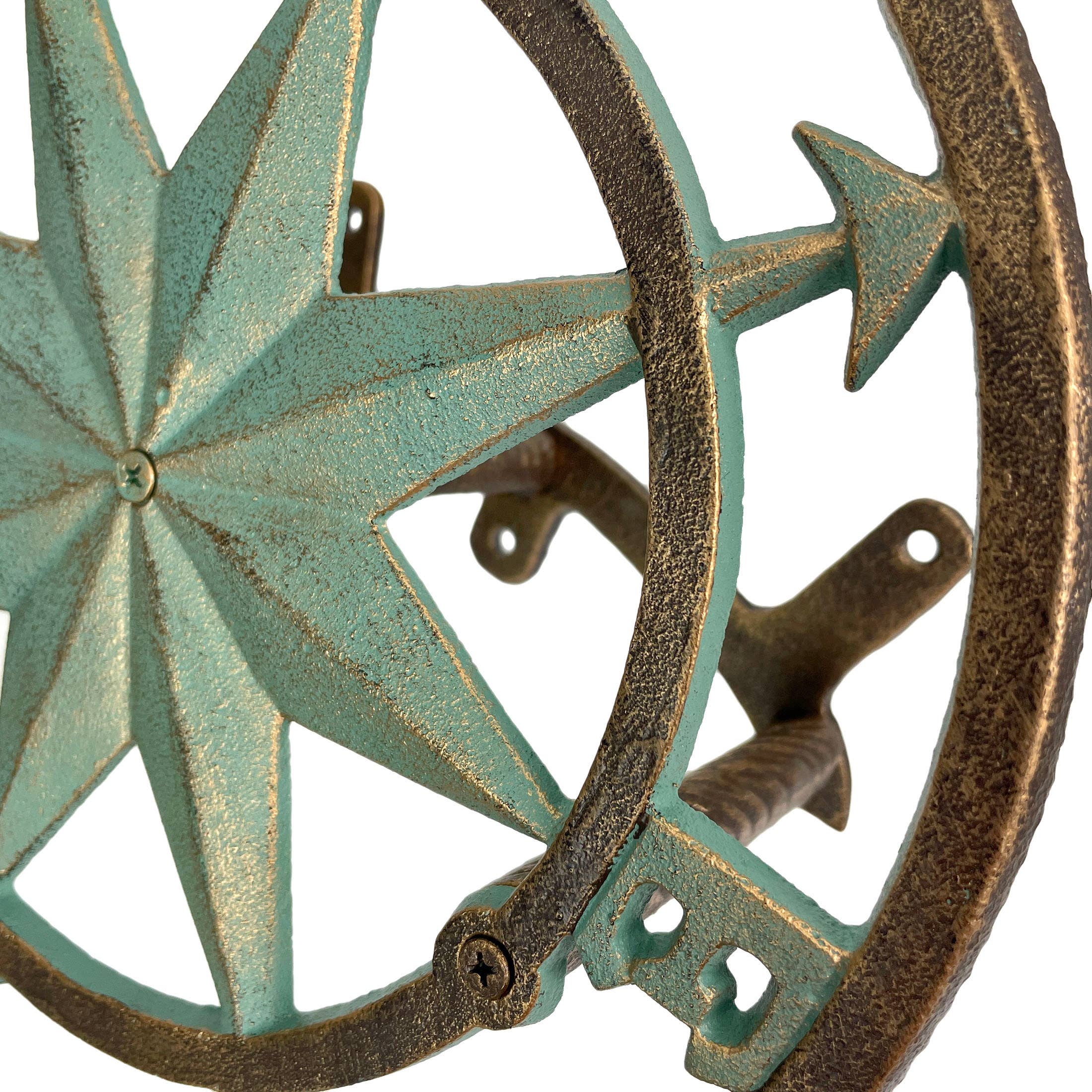 Zeckos - Wholesale Outdoor ornament/decor - Cast Iron Nautical Compass Rose Wall Mounted Decorative Hanging Garden Hose Holder Verdigris Green Finish3