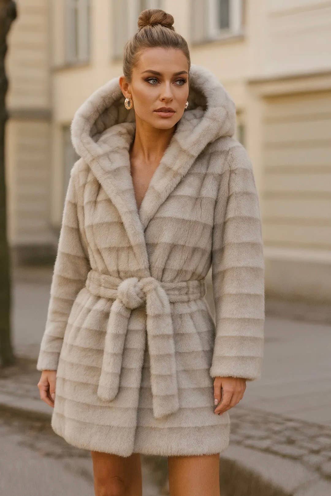 Frime - Wholesale Fur/Faux Fur Coat - Women's - Fur coat with hood and tie belt - 88062