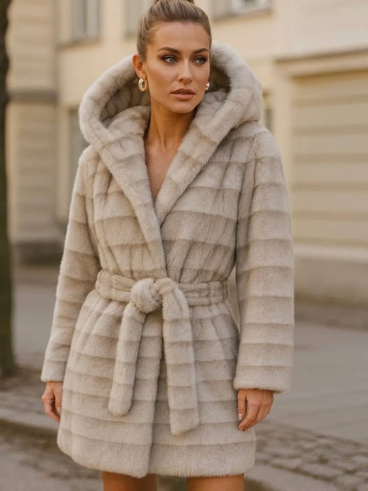 Frime - Wholesale Fur/Faux Fur Coat - Women's - Fur coat with hood and tie belt - 88062