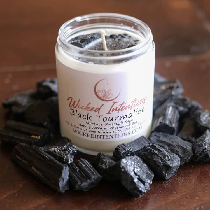 8oz Soy Black Tourmaline Crystal Candle for wholesale by Wicked Intentions Gifts LLC