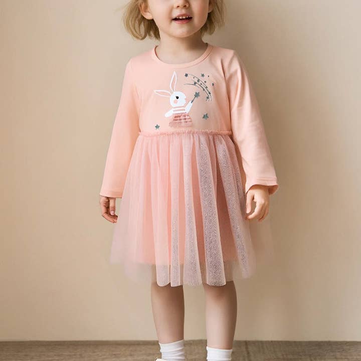 Vestito in tulle a maniche lunghe ricamato con coniglietti per bambine per la vendita all'ingrosso da parte di shoplittleswan