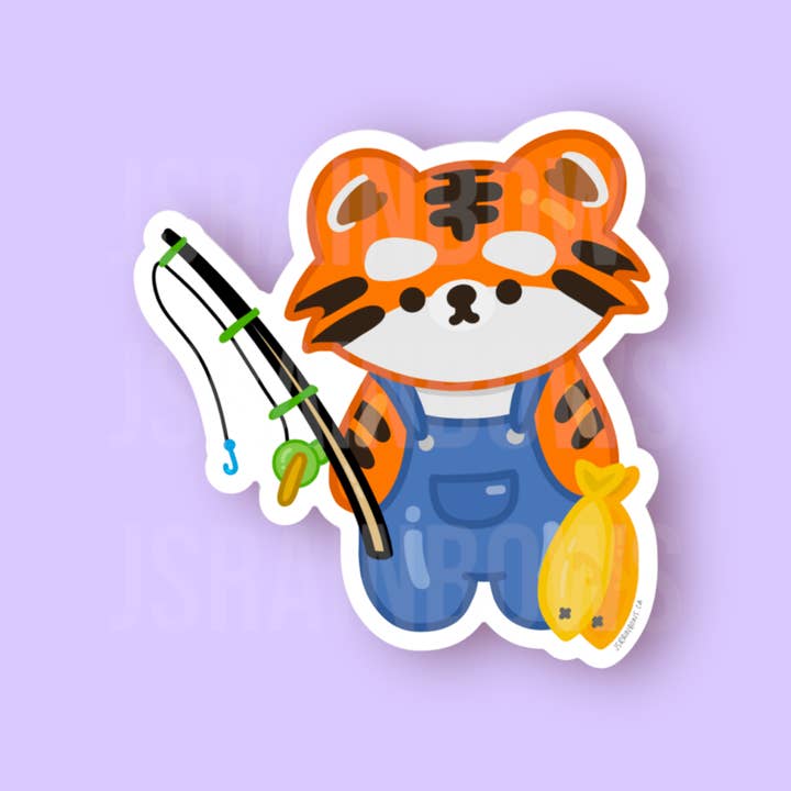 Mochi The Tiger, Fishing - Vinyl Die Cut Sticker for wholesale by J’s Rainbows