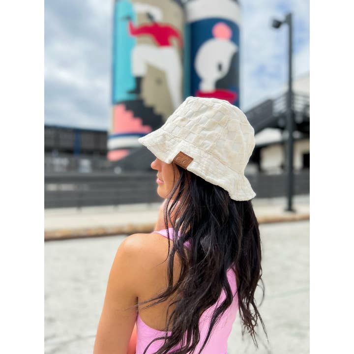 C.C Beanie - Wholesale Bucket Hat - Women's - Checkered Pattern Terry Cloth C.C Bucket Hat KB004