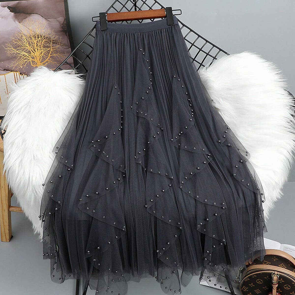 ACCITY - Wholesale Skirt - Women's - BEADED MESH PLEATED SKIRT A LINE TULLE SKIRT_CWBLS03981
