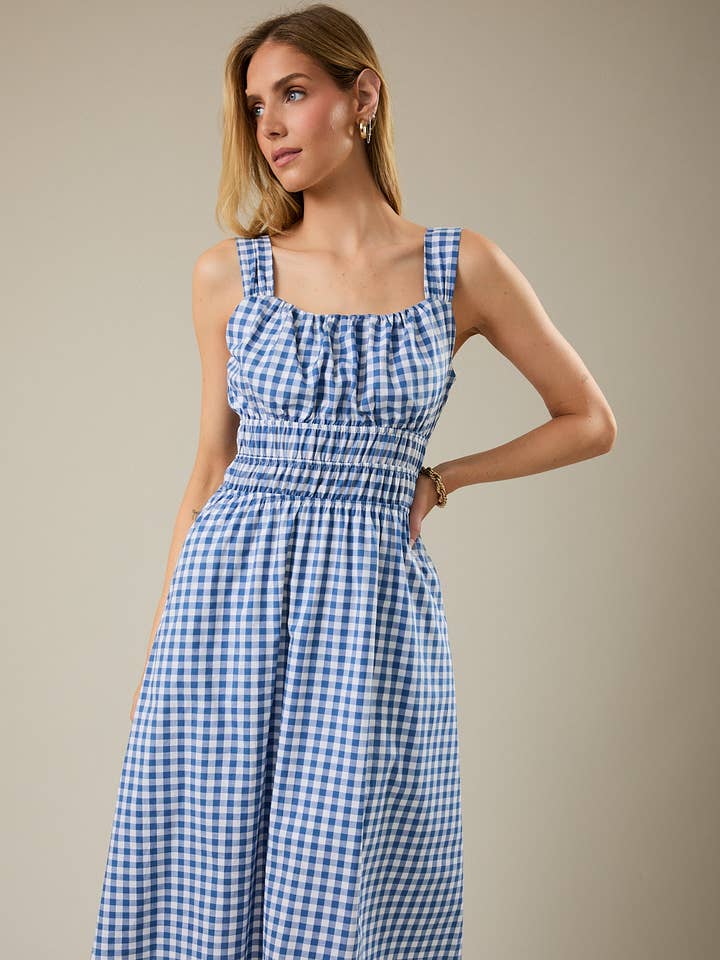 STRAP SIDE POCKET DETAIL GINGHAM MIDI DRESS for wholesale by GILLI