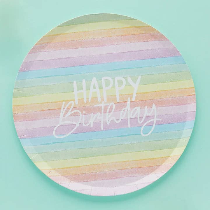 Eco Rainbow 'Happy Birthday' Paper Plates 8 Pack for wholesale by Hootyballoo by Club Green