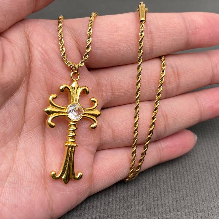 Zircon Inlaid 18K Gold Plated S.Steel Cross Necklace - FGS for wholesale by Mio Queena