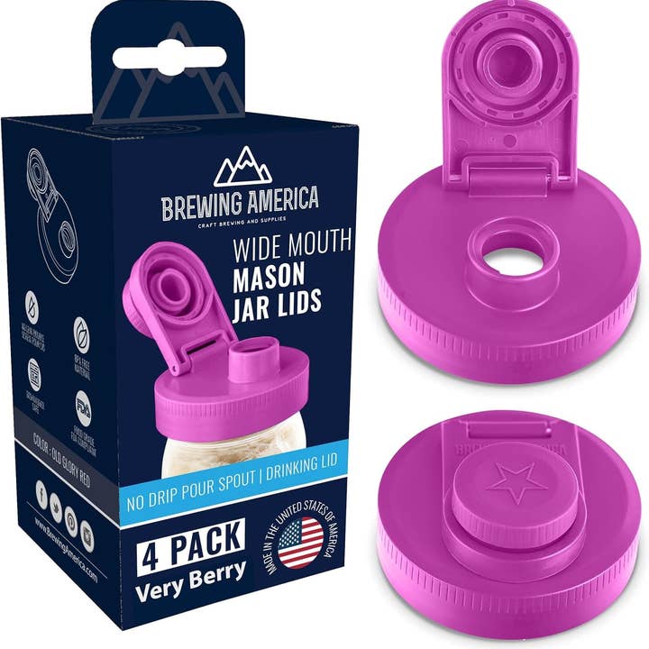 Mason Jar Lids Wide Mouth Plastic 4 Pack Leak Proof with Flip Cap Pouring Spout & Drink Hole - Very Berry for wholesale by Brewing America
