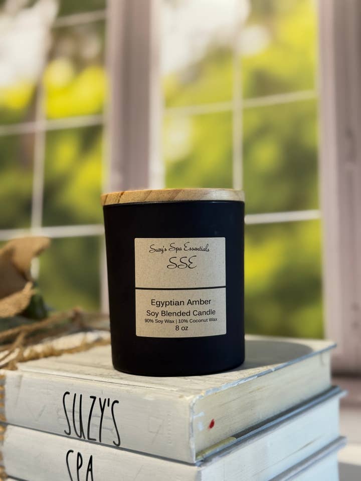 Egyptian Amber – Soy Blend Candle, 8 oz Matte Black Jar for wholesale by Suzy Spa Essentials