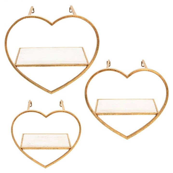 Gold Heart Shaped Wall Shelf with Wood Shelving - Set of 3 for wholesale by Will's Company