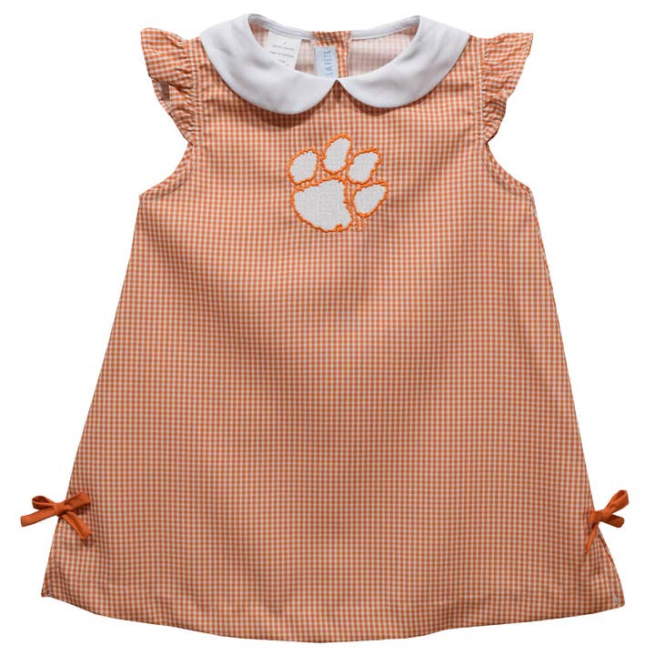 Vive La Fete - Wholesale Dress - Kids - Clemson Tigers Embroidered Orange Gingham A Line Dress