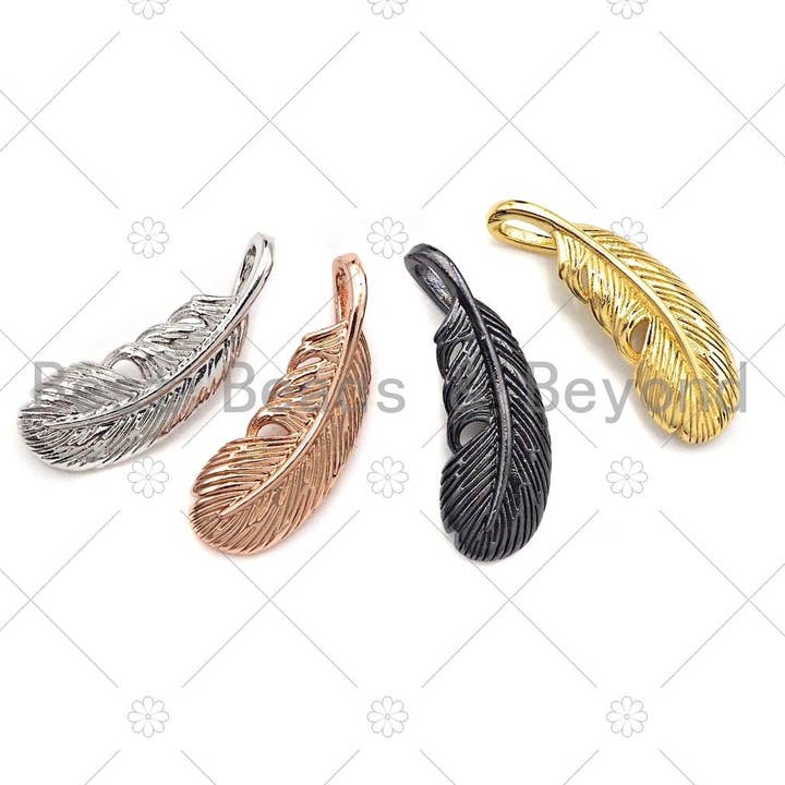 Cute CZ Micro Pave Feather Shape Pendant/Charm, Feather Leaf Cubic Zirconia Pendant, Silver/Gold/Rose Gold/Black Tone, 7x19mm, Sku#Y264 for wholesale by BestBeads&Beyond