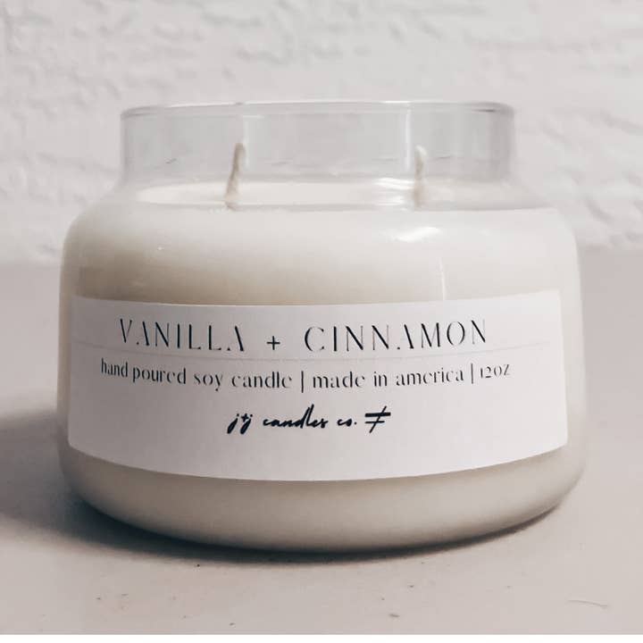 Vanilla Cinnamon 12oz Apothecary Soy Candle for wholesale by j&j candles co.