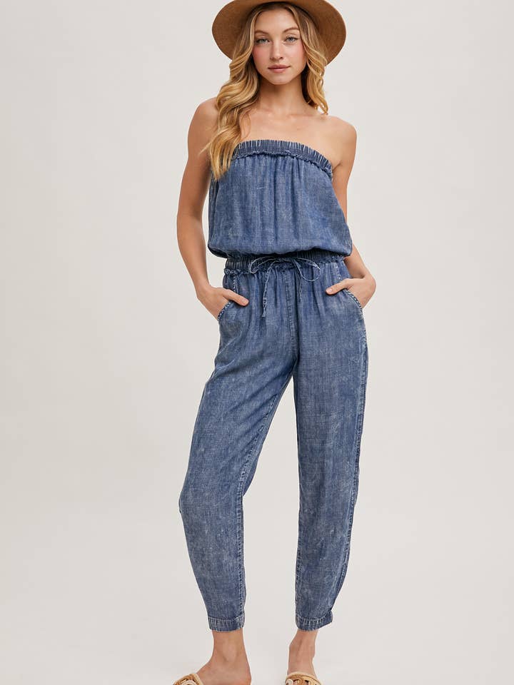 WASHED DENIM ACID WASH TUBE JUMPSUIT for wholesale on Faire