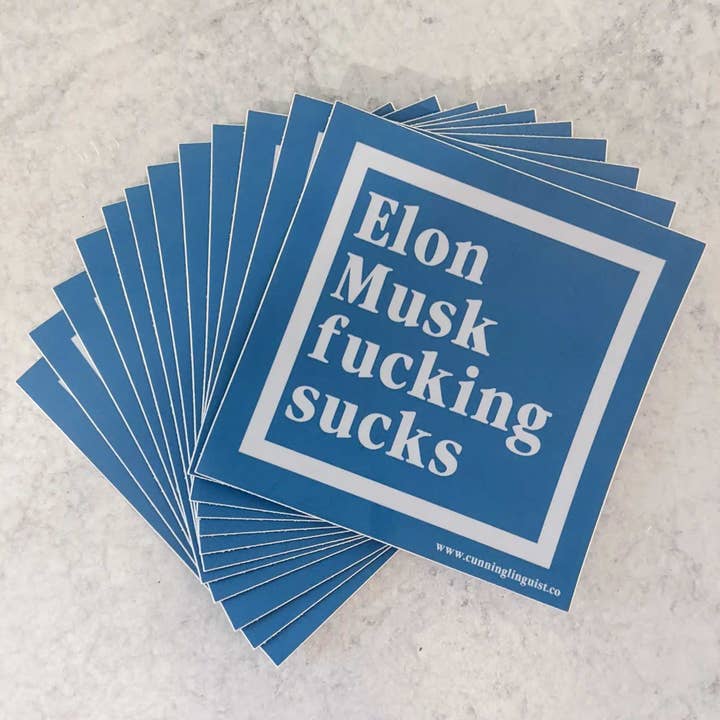 Elon Sucks sticker for wholesale by Cunning Linguist Co.