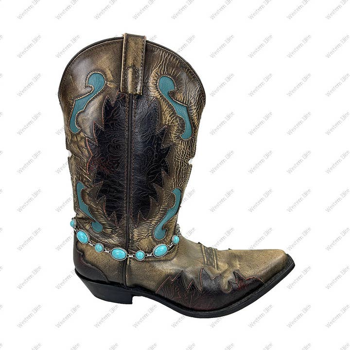 BOT230910-15-AZUL Corrente para bota de metal prateado de 19'' com pedra oval turquesa azul por atacado de Western Elite Jewelry