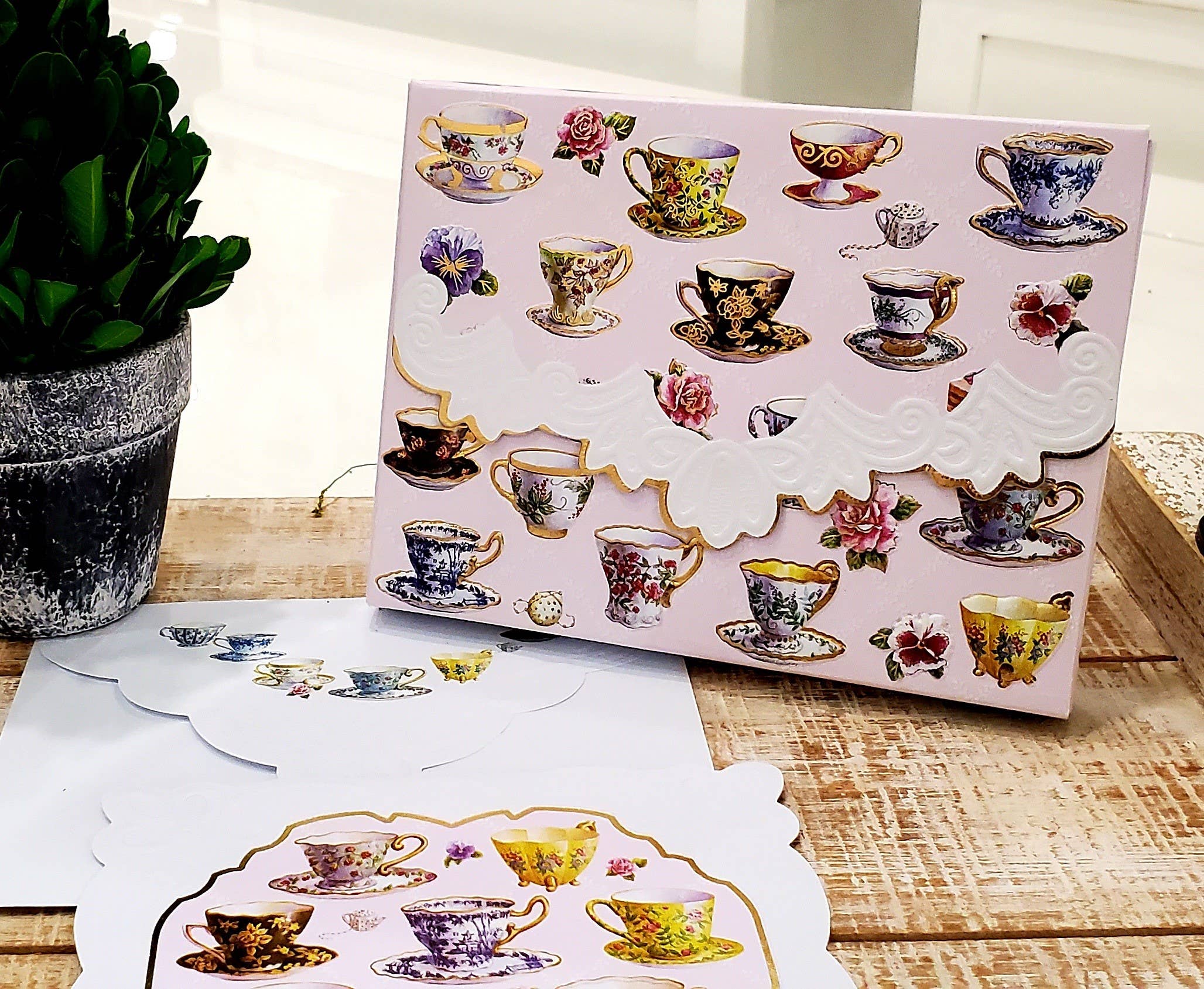Carol Wilson Fine Arts Inc./For Arts Sake - Wholesale Stationery/Notecard Set - Tea Cups Embossed, Die-cut Boxed Note Cards NCP20491