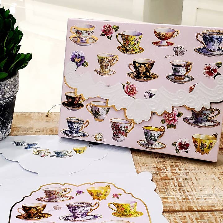 Carol Wilson Fine Arts Inc./For Arts Sake - Wholesale Stationery/Notecard Set - Tea Cups Embossed, Die-cut Boxed Note Cards NCP20491