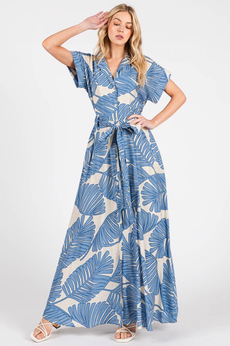 B I G H I T Fashion - Wholesale Dress - Women's - Palm Print Short Sleeve Button-Down Maxi Dress HD3020-BLUE1