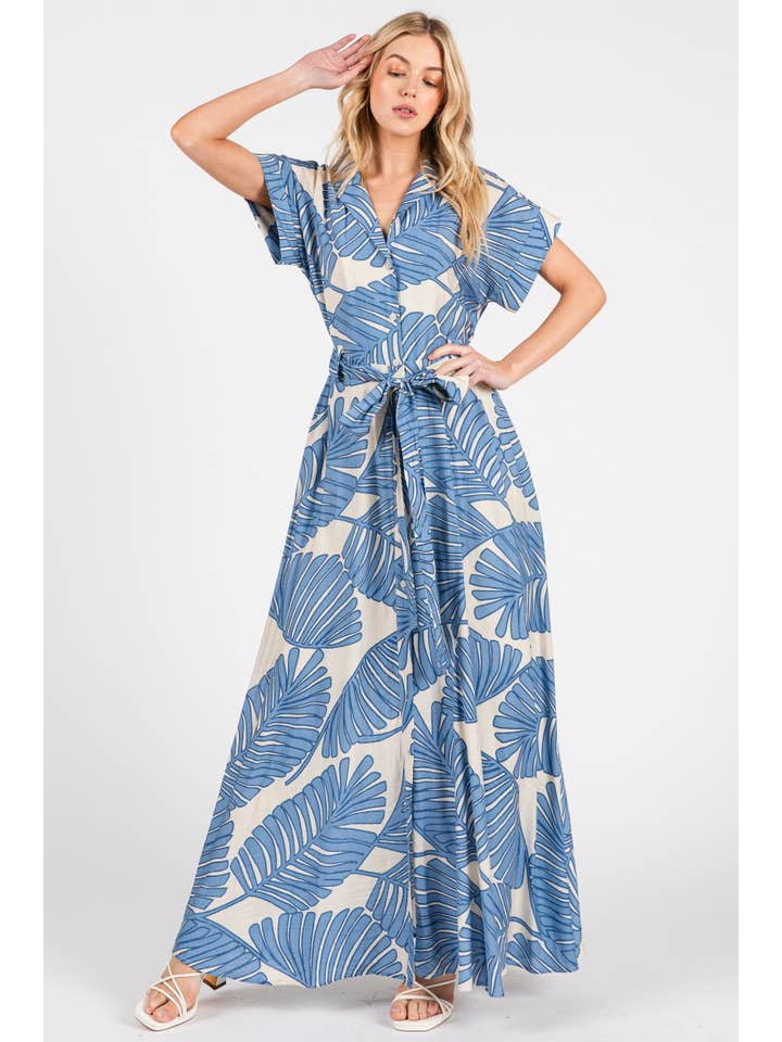 B I G H I T Fashion - Wholesale Dress - Women's - Palm Print Short Sleeve Button-Down Maxi Dress HD3020-BLUE1