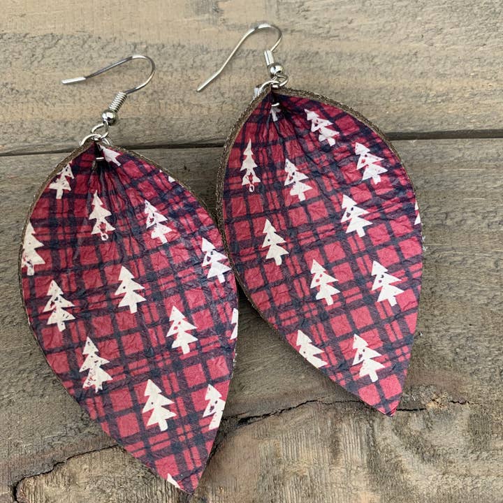 Black and Red Buffalo Plaid With Tree Christmas Earrings for wholesale by Jill's Jewels