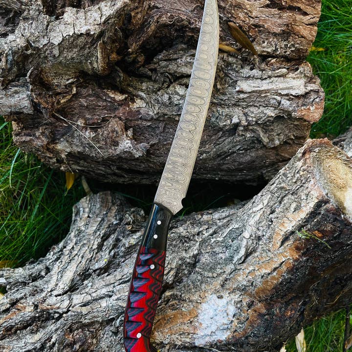 Titan International - Wholesale Pocket Knife/Holder - Damascus Steel Custom Flay Knife with Craved Grips TK-051