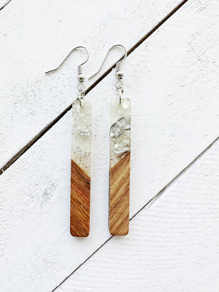 Silver Flecked & Wood Grain Long Bar Earrings for wholesale by Boho By Design